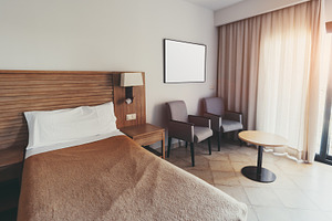 Cozy hotel room with morning light, an Architecture Photo by SkyNext