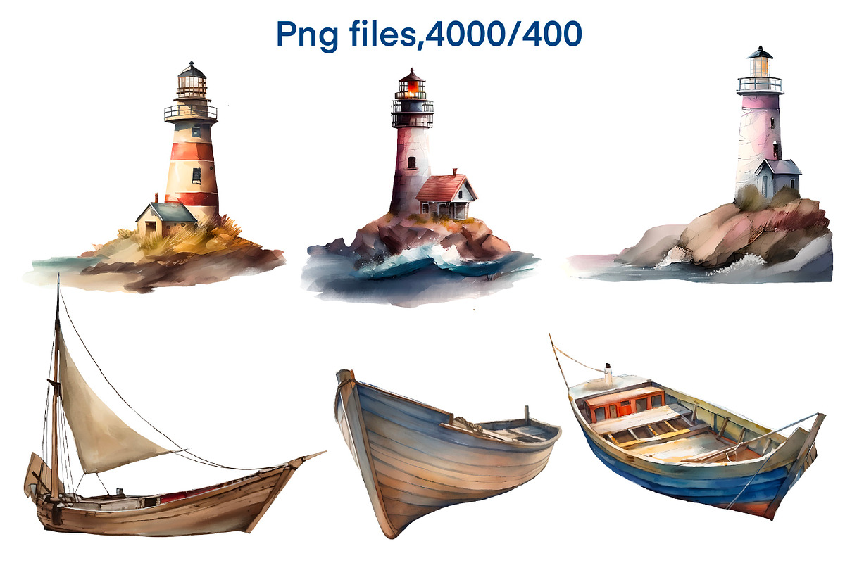 Nautical.Lighthouses and boats, an Object Illustration by AkvarelRiver (Photo 7 of 7)