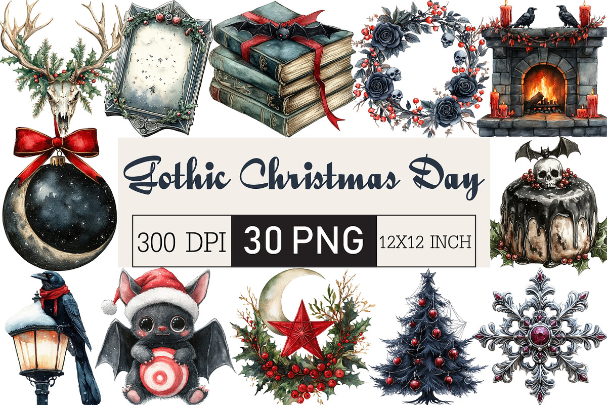 Gothic Christmas Day Clipart Bundle, an Illustration by Black Bird Studio (Photo 1 of 6)