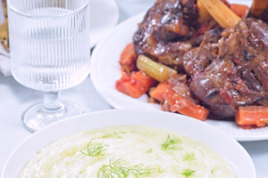 Puree or mashed potatoes with horseradish and fennel, braised lamb shanks in ba, a Food & Drink Photo by iuliia_n