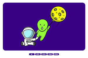 Cute Astronaut With Alien Hold Moon