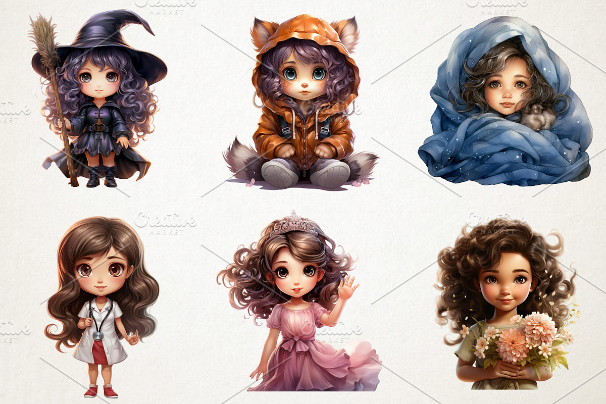 Cute Watercolor Girls Clipart Whims, an Illustration by RobertsArt (Photo 3 of 4)