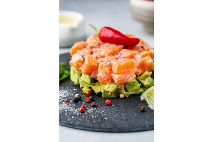 Salmon salad, tartare, a Food & Drink Photo by piter.goskov