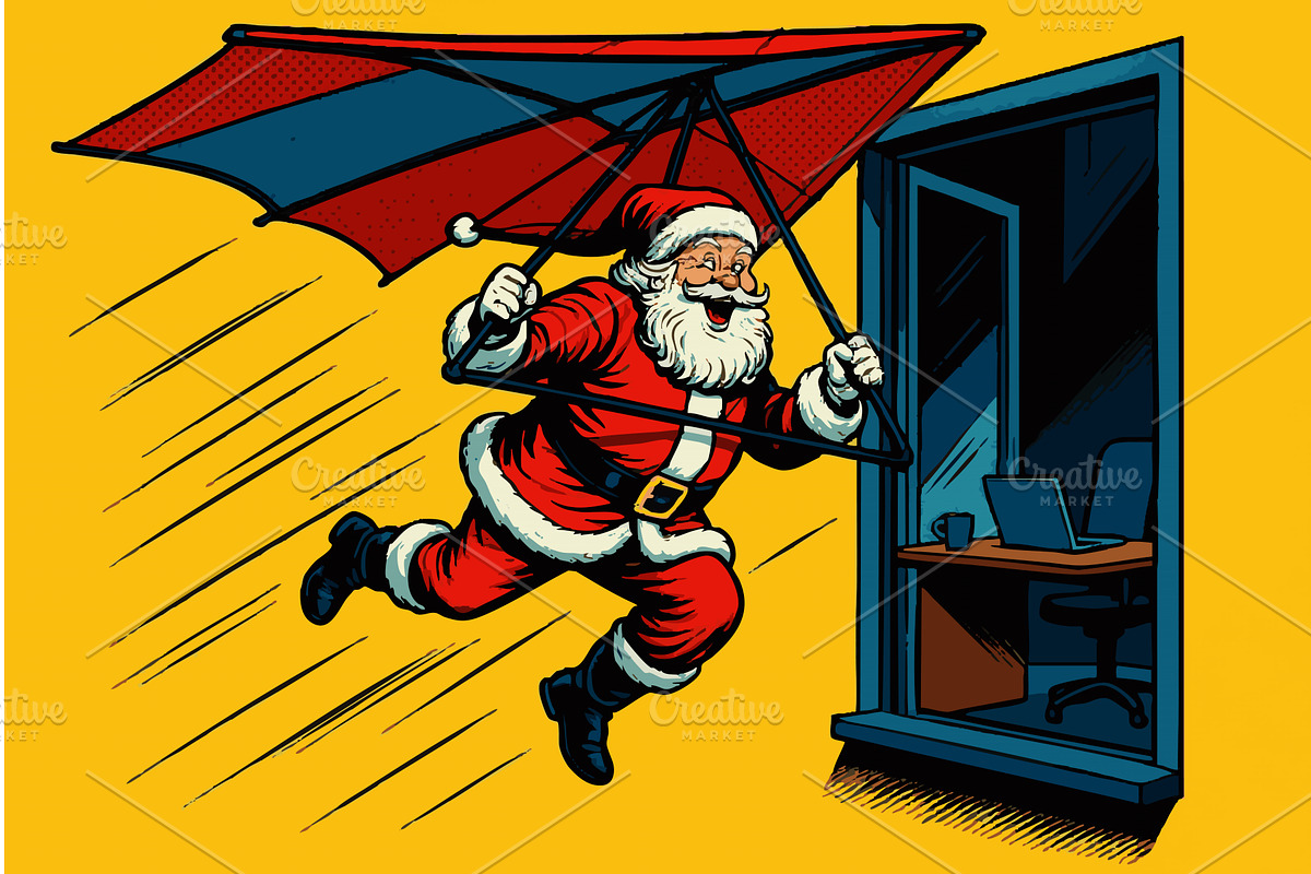 Santa Claus flying from office with, an Illustration by AlexArt
