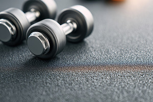 Shiny metal dumbbells on textured surface, a Sports & Recreation Photo by AlyaAnd