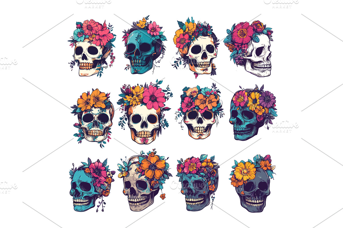 Cartoon skulls with flowers. Cranial, an Object Illustration by Stock-Smart-Start