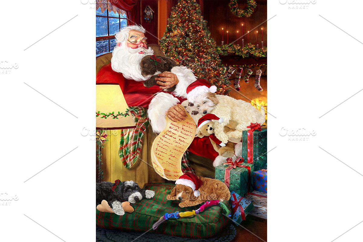 Santa Sleeping with Cockapoo Dog Art, an Animal Illustration by Art Paradise Studios (Photo 1 of 3)