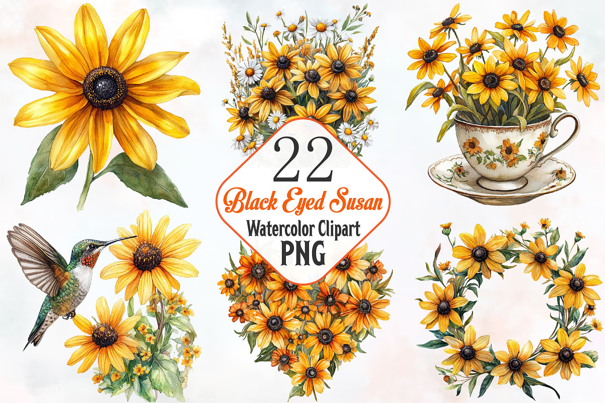 Black Eyed Susan Watercolor Cliparts, an Illustration by RobertsArt (Photo 1 of 7)