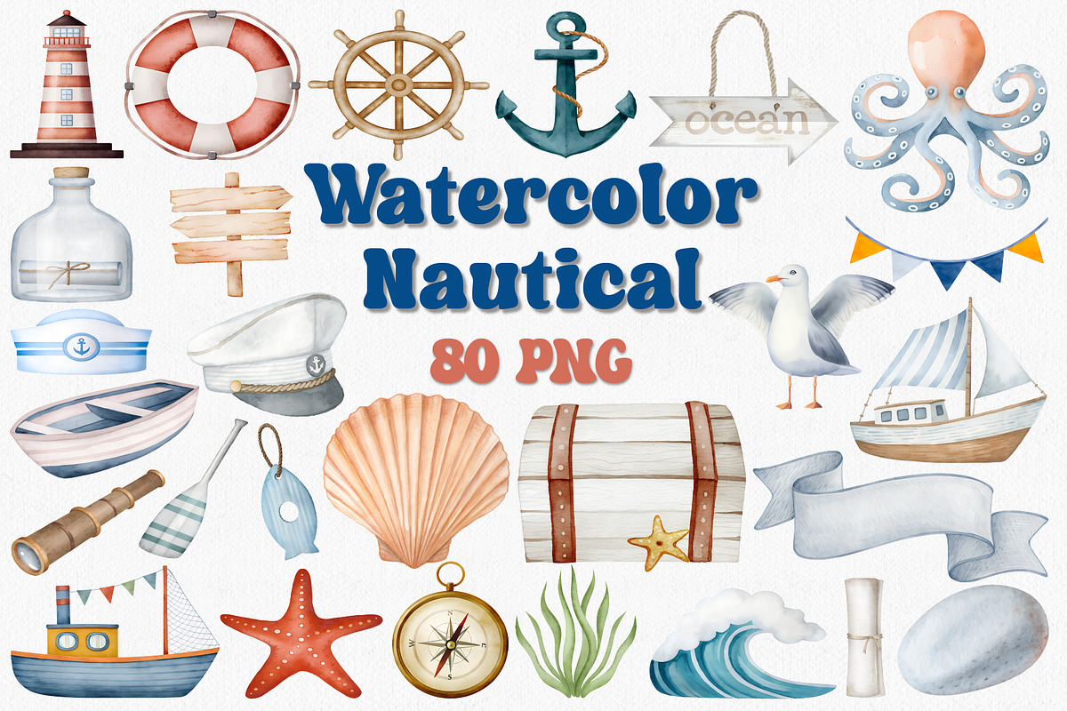 Watercolor Nautical Clipart Set, an Illustration by CropUp Creative (Photo 1 of 7)