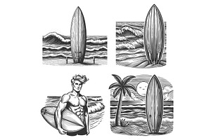 Surfing engraving set vector, an Illustration by AlexArt
