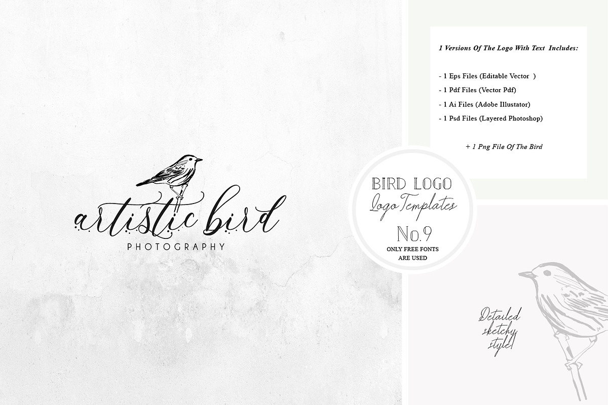 Bird Logo -Sketchy Artistic style 9, a Branding & Logo Template by Whimsical Logoshop