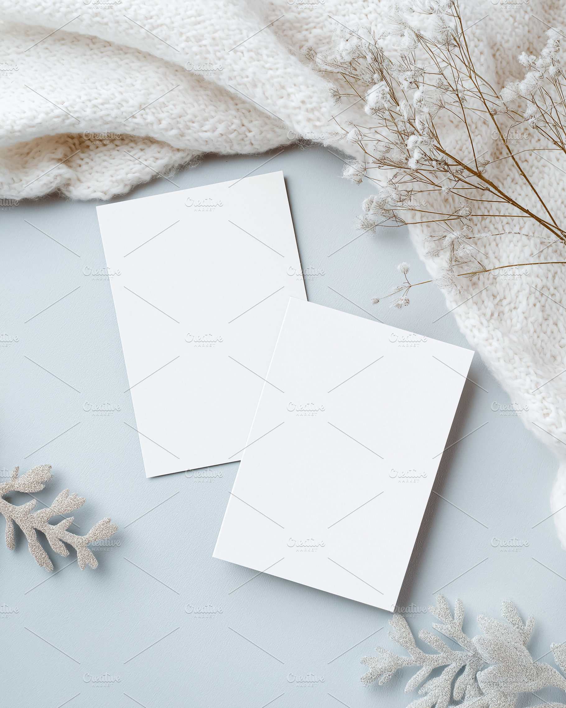 Blank white paper cards for winter holiday invitations or greeting mockups with, a Holiday Photo by Studio ANNA