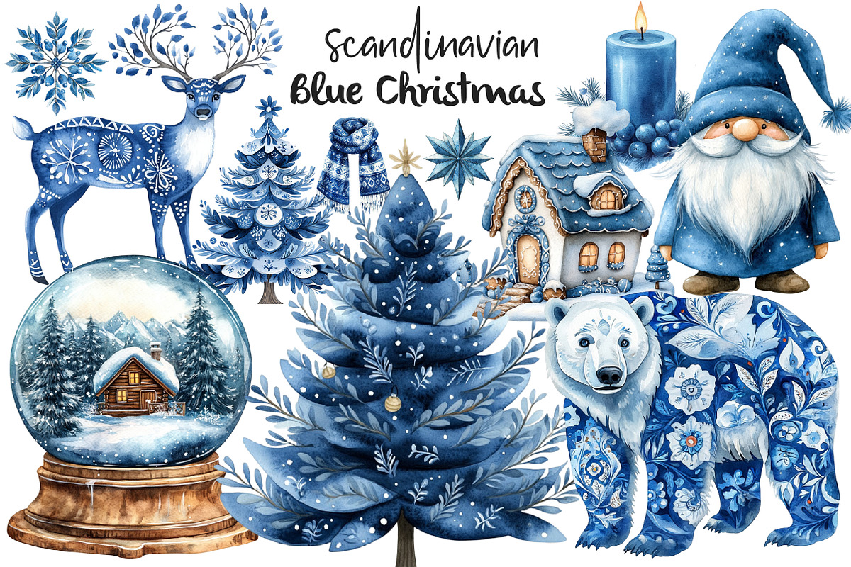 Scandinavian Blue Christmas Clipart, an Illustration by Dream Creation (Photo 1 of 7)