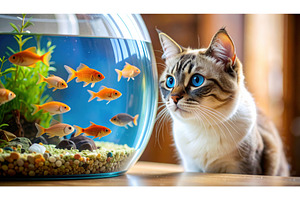 Curious cat observing goldfish in a, an Animal Photo by Igor Tichonow