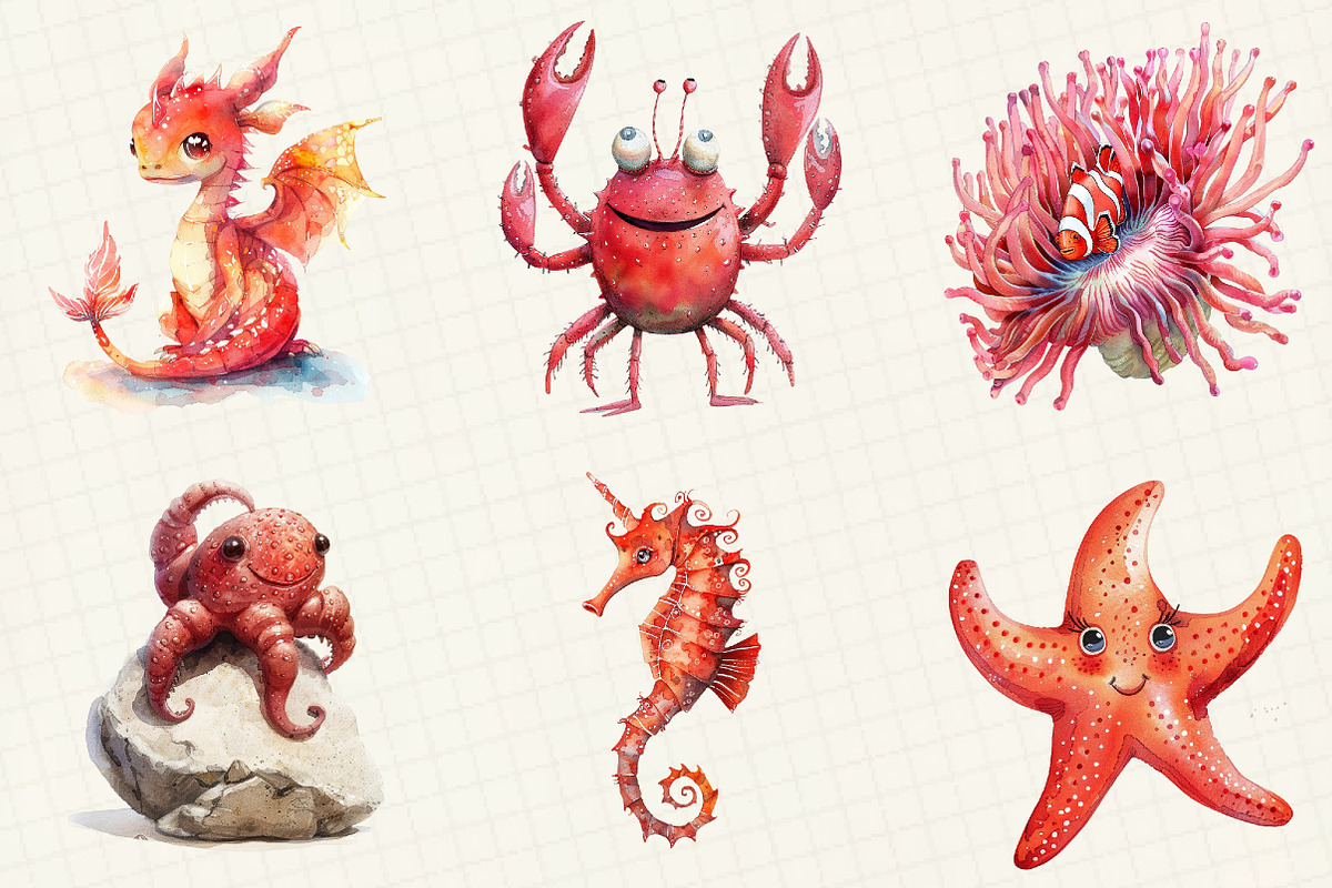 Red Ocean Animals Clipart, an Illustration by OK Design (Photo 3 of 5)