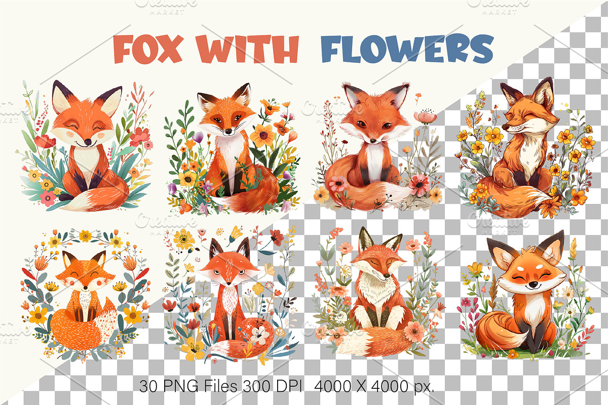 Fox with flowers. TShirt Sticker., an Animal Illustration by KENO Mascots (Photo 3 of 11)