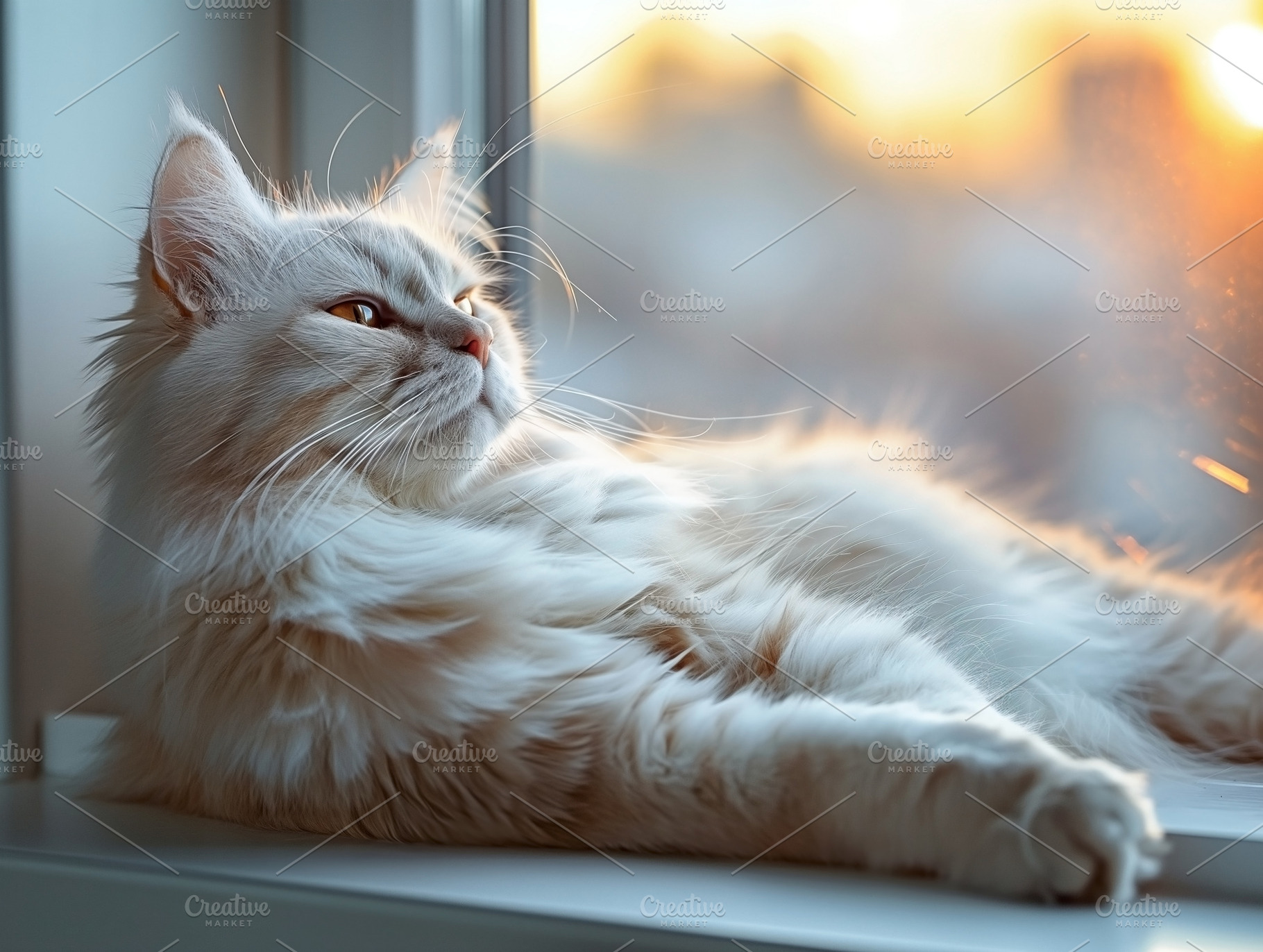 Fluffy white cat lounging by the window at sunset, basking in warm golden light, an Animal Photo by ImageMir