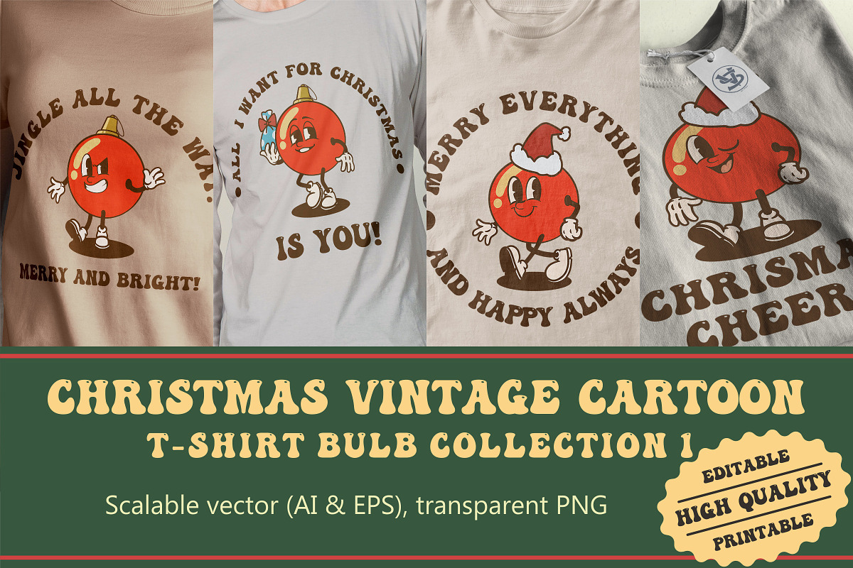Christmas Lightbulbs Vintage Cartoon, an Illustration by vectstudio (Photo 1 of 5)