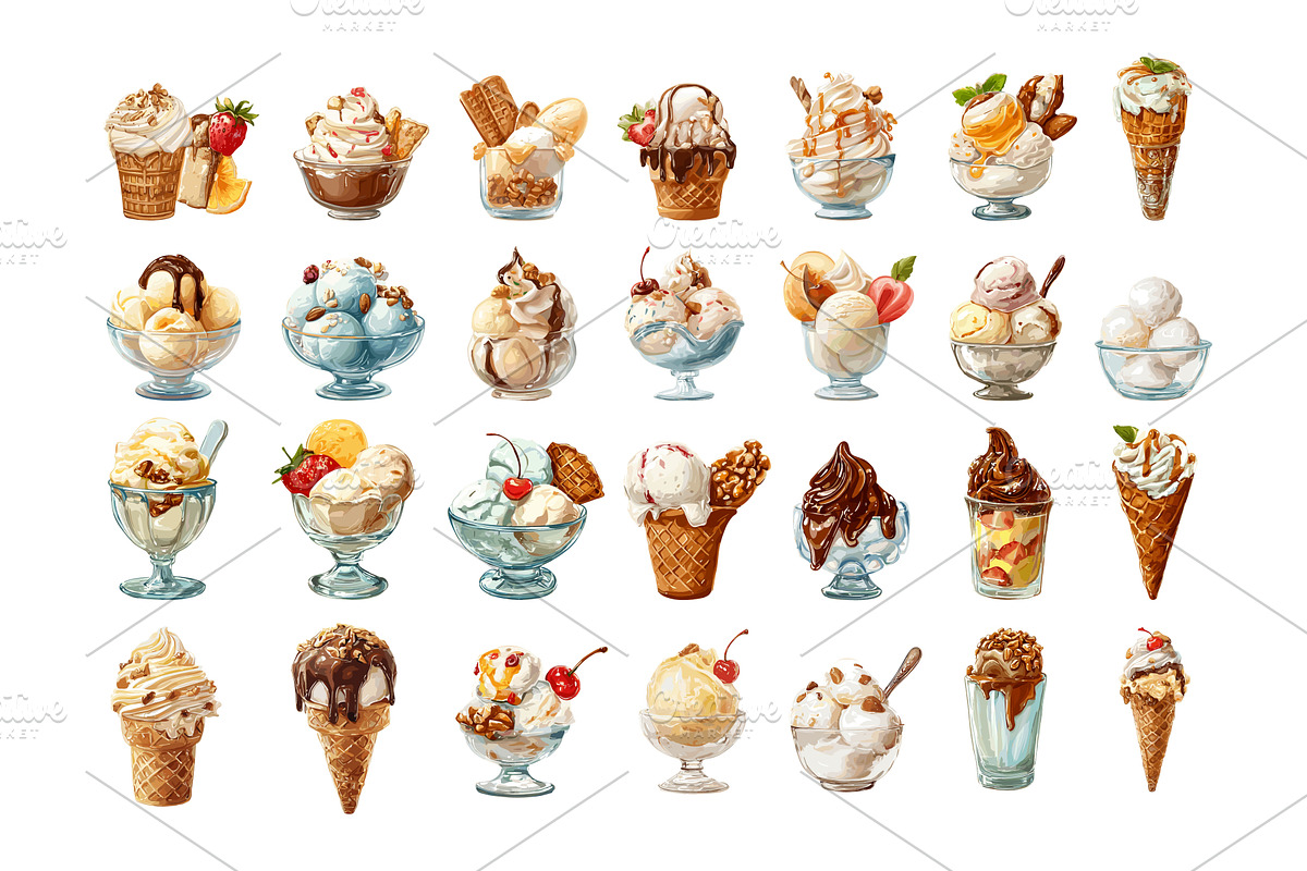 Ice cream dessert cartoon vector set, a Food Illustration by Onyx