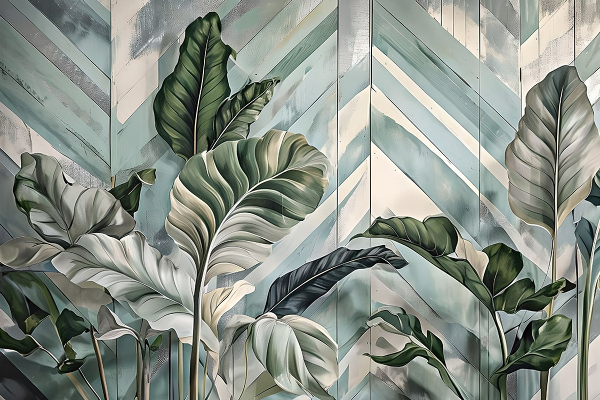 Tropical Green Leaves on Wood Panel, an Illustration by Liubovi Samoilova SHOP