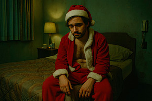 sad man in santa costume on bed, generative AI, a Photo by Nito