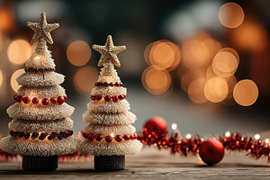 Mini Christmas Trees with Star Toppers, Red Ornaments and Warm B, a Background Photo by José Manuel Gelpi