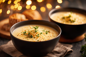 Vibrant soup with croutons and seeds, a Food & Drink Photo by AlyaAnd