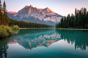 Mountain lake reflects lush forest and majestic peaks during golden hour, a Photo by AlyaAnd