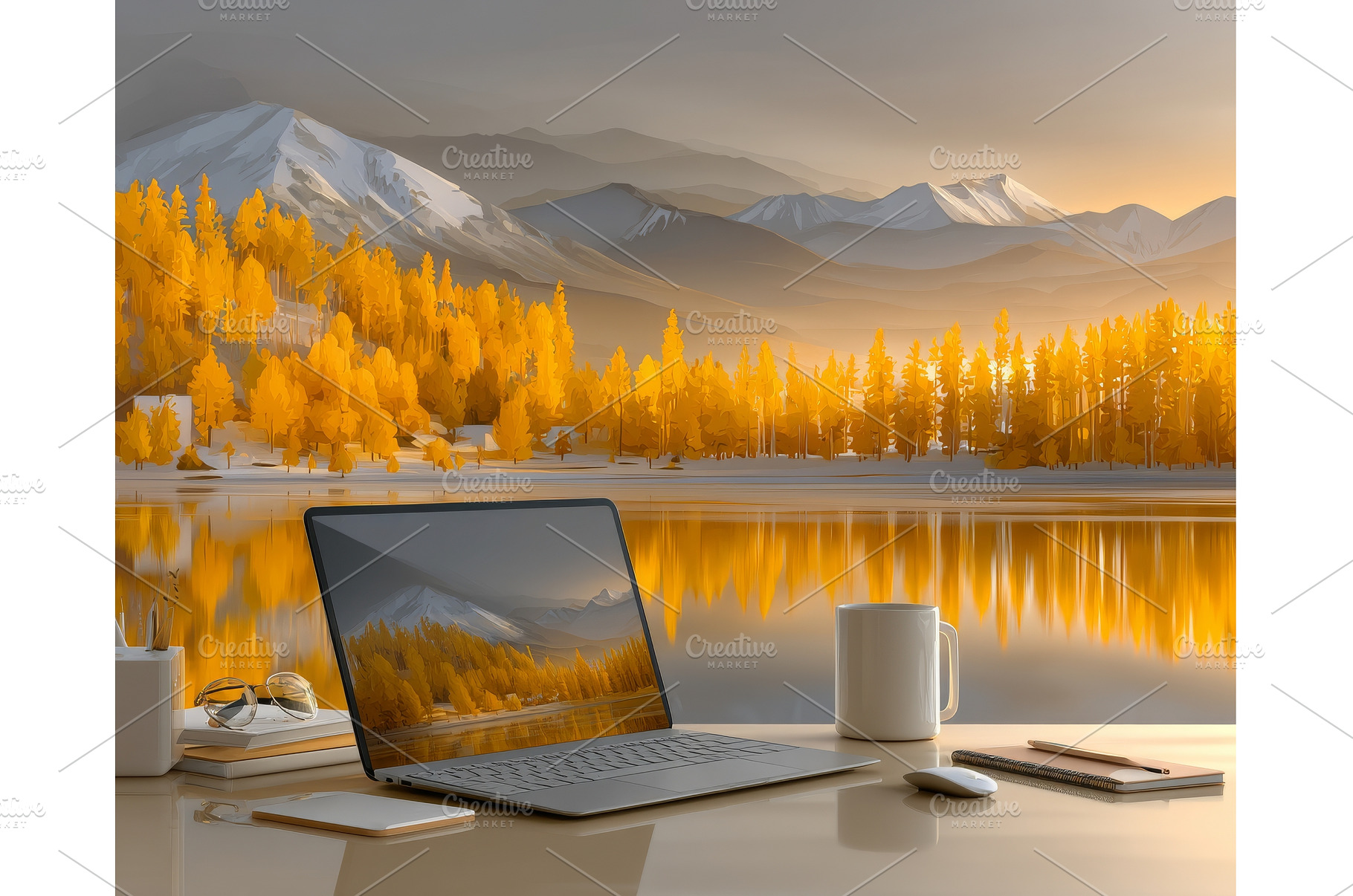 A cozy workspace with a laptop, a Nature Photo by ZinetroN