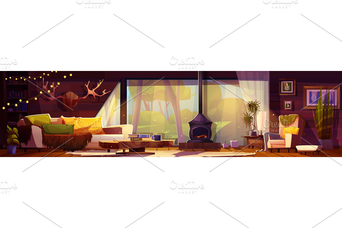 Cozy living room in wooden chalet, an Object Illustration by art PVP - market