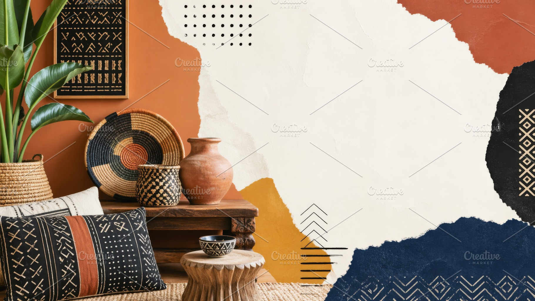 Afrobohemian home interior design with decor elements like potte, a Photo by Dvoevnore photos