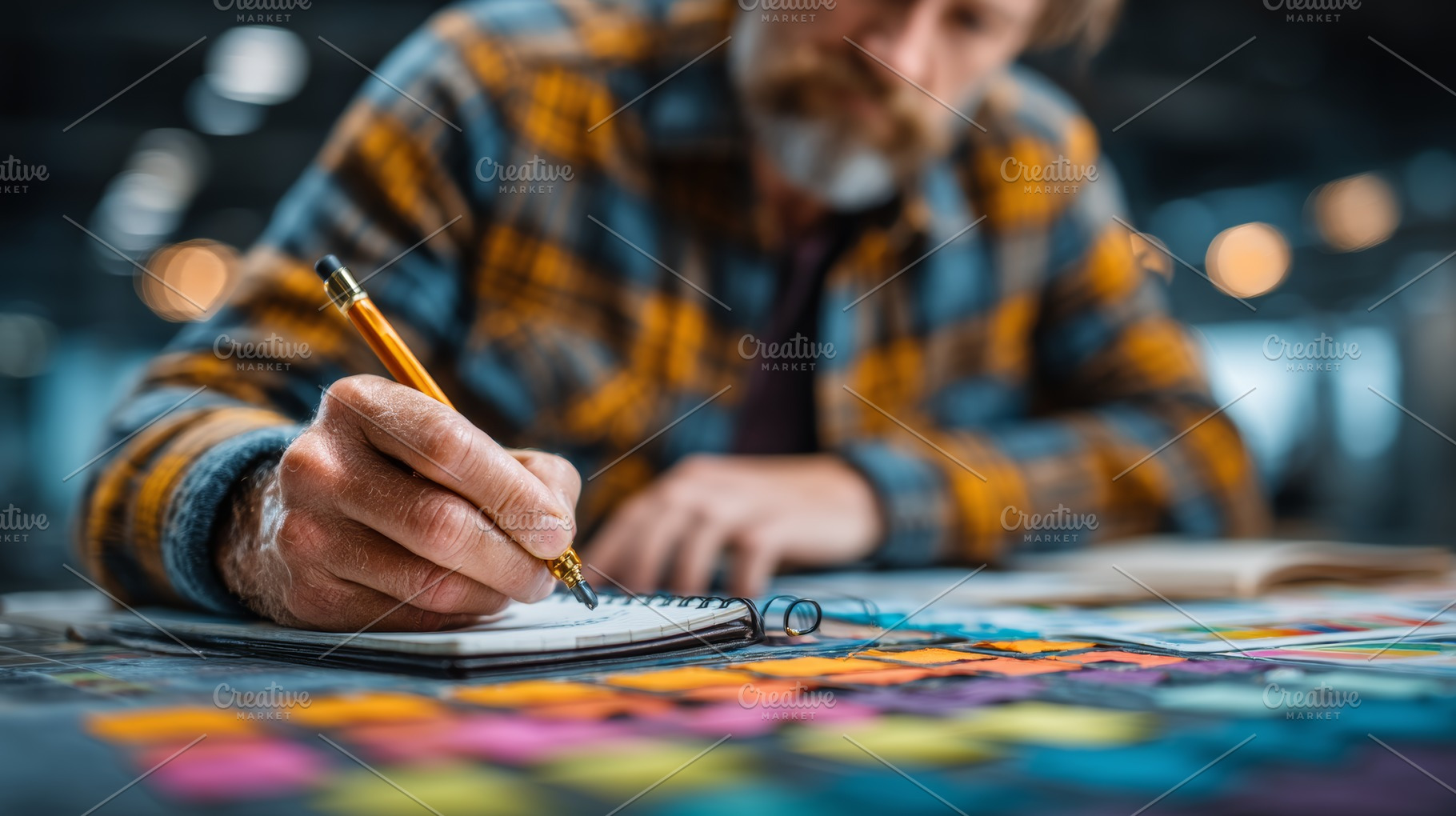 Person writing in a notebook amidst creative tools and colorful plans, a Person Photo by AS photostudio