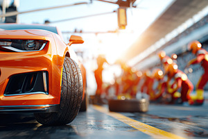 Orange race car tire at pit stop, a Sports & Recreation Photo by AlyaAnd
