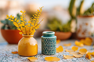 Decorative planter and jar label mockup with yellow foliage on a table in a sun, a Photo by AlyaAnd