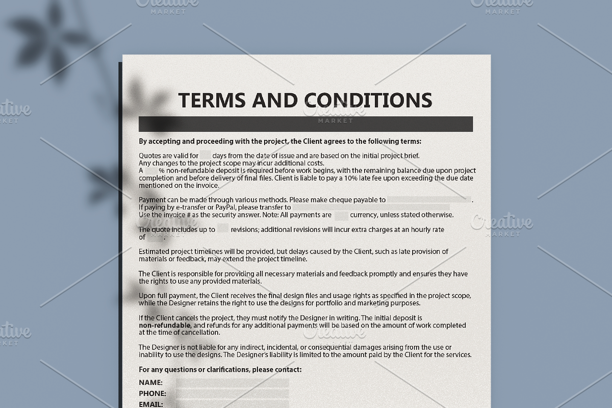 Terms & Conditions - Fillable PDF, a Print Template by Burke Graphic Design