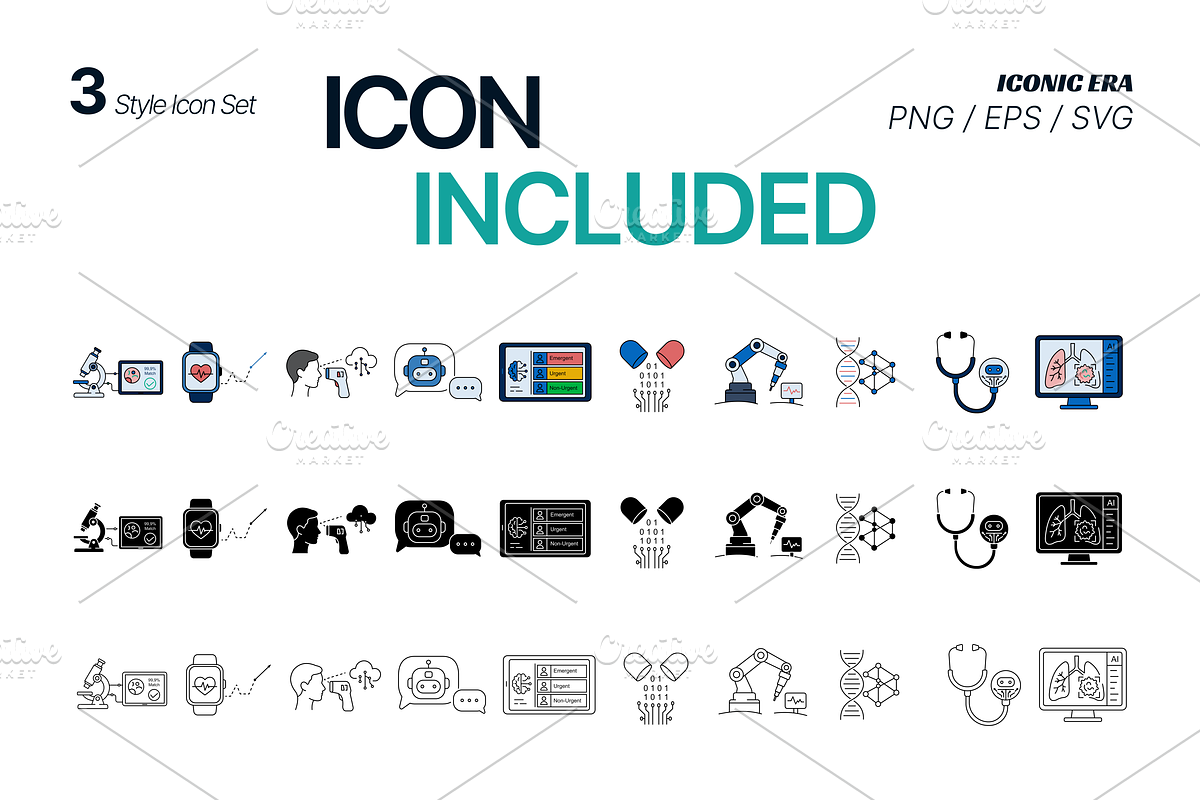 AI Healthcare Icons – 3 Style Set, an Outline Icon by Iconic Era (Photo 2 of 2)