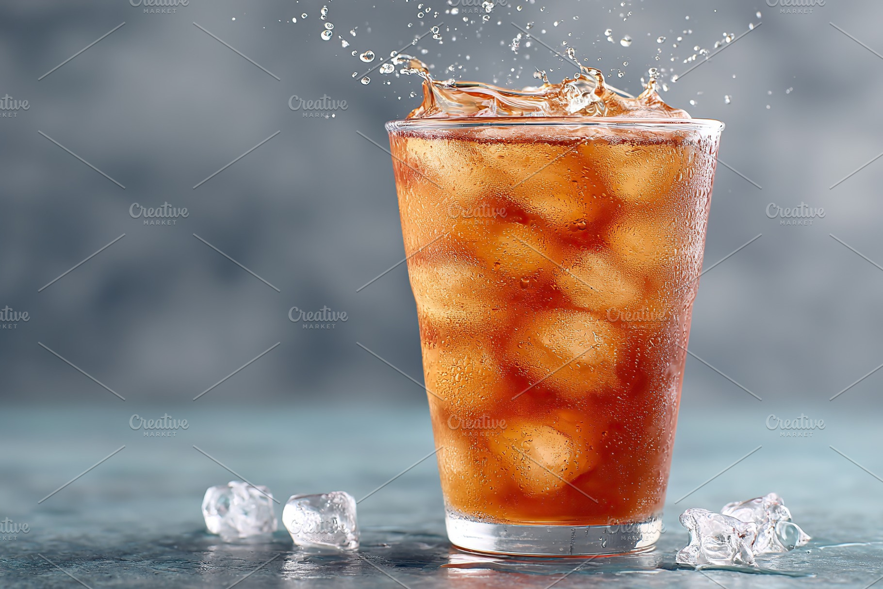 Refreshing iced tea with ice cubes splashing in a glass on a smooth counter sur, a Food & Drink Photo by AlyaAnd