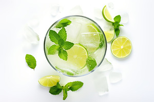 Flat lay of alcoholic mojito with ice and mint on white background, a Food & Drink Photo by AlyaAnd