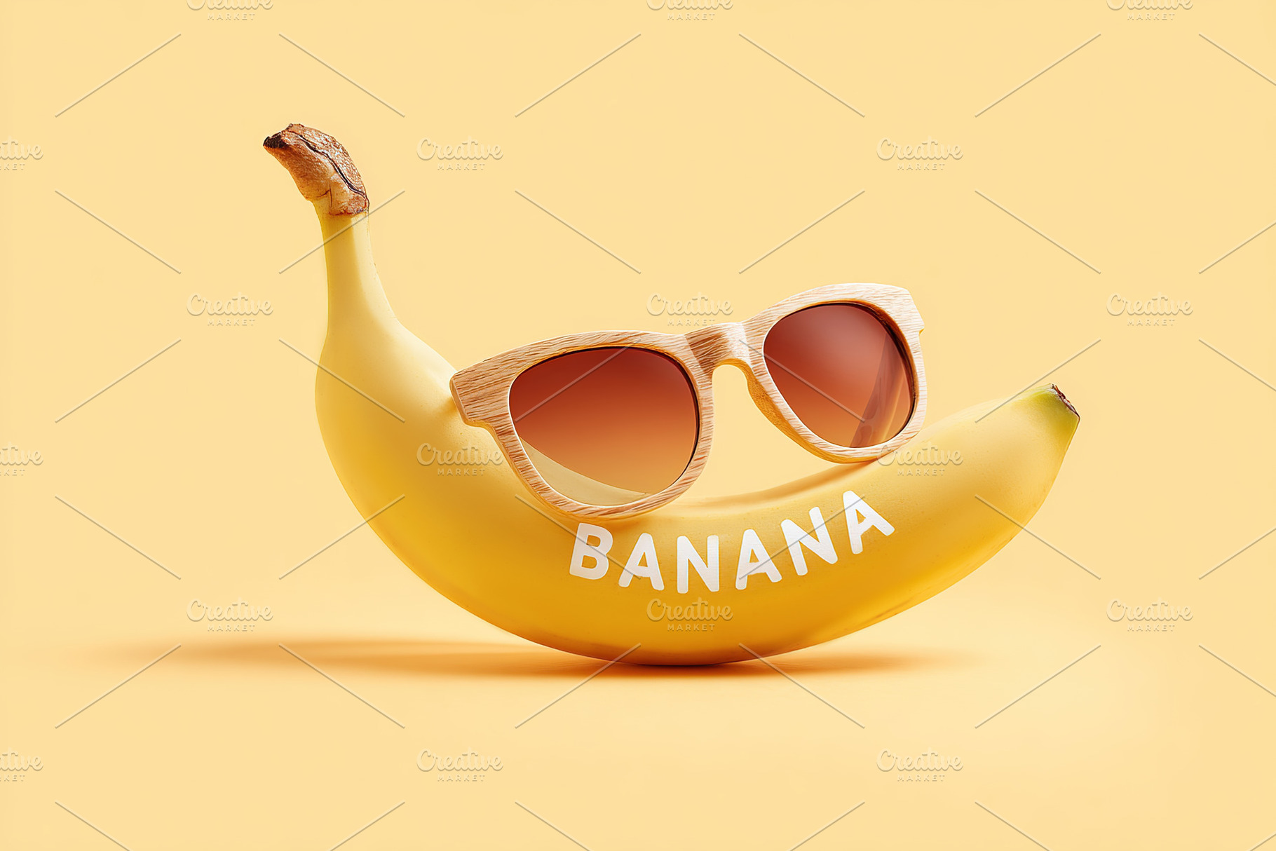 Fun banana wearing stylish sunglasses on a vibrant yellow background captures a, a Food & Drink Photo by AlyaAnd