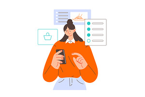 Online food ordering, woman selects, a Technology Illustration by undrey