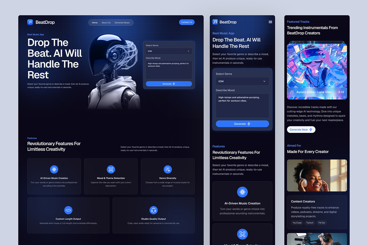 AI Music Generator Website UI Figma, an UI Kit Template by peterdraw (Photo 7 of 7)
