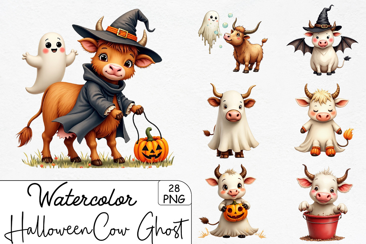 Halloween Highland Cow Ghost Clipart, an Illustration by CrexoraLab (Photo 1 of 5)