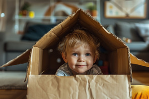 Little boy playing in cardboard box, a Person Photo by AlyaAnd