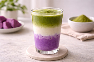 Ube matcha layered drink in glass on, a Photo by Dvoevnore photos