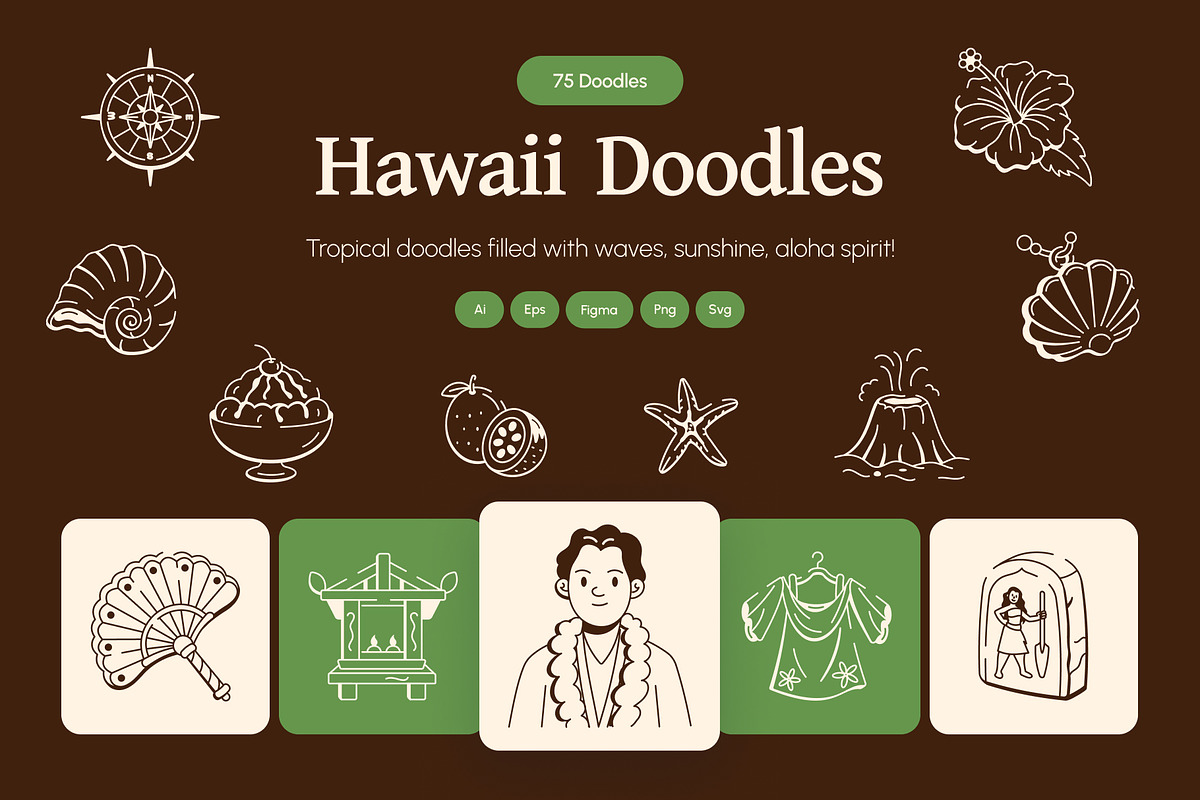 Hawaii Doodle Icon Set, an Outline Icon by Vectors Market (Photo 1 of 8)