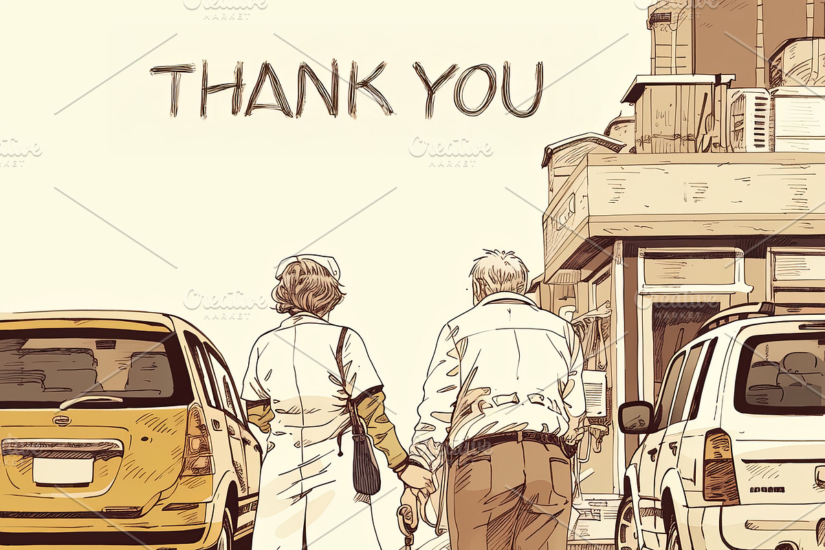 Elderly couple showing gratitude on a sunny street near parked cars, an Illustration by AS photostudio