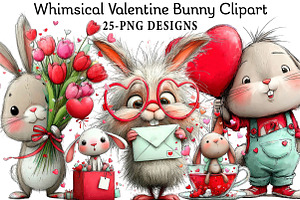 Whimsical Valentine Bunny Clipart, an Illustration by Daily.Designs