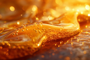 A mesmerizing close-up of golden liquid with bubbles, capturing, a Food & Drink Photo by ImageMir