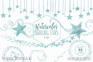 Aqua Watercolor Swirling Stars, an Object Illustration by ClipartBrat Graphics