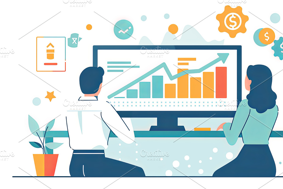 Two professionals analyzing financial growth charts on a computer screen, an Illustration by AS photostudio